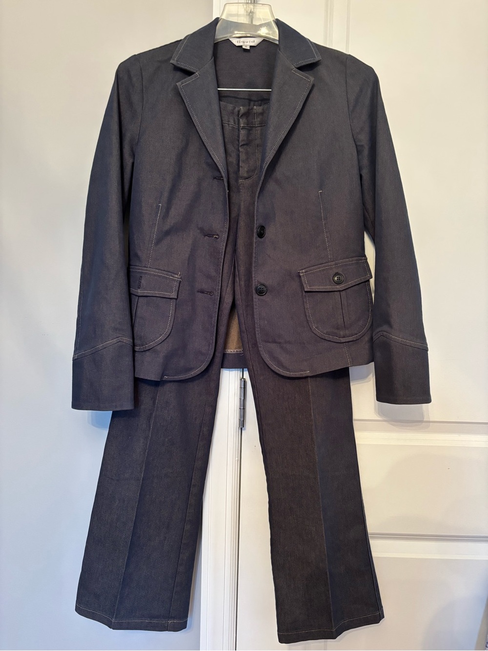 Vintage Liquid Women's Dark Blue Denim Pantsuit Set Jacket Size 6 Pants Size 4